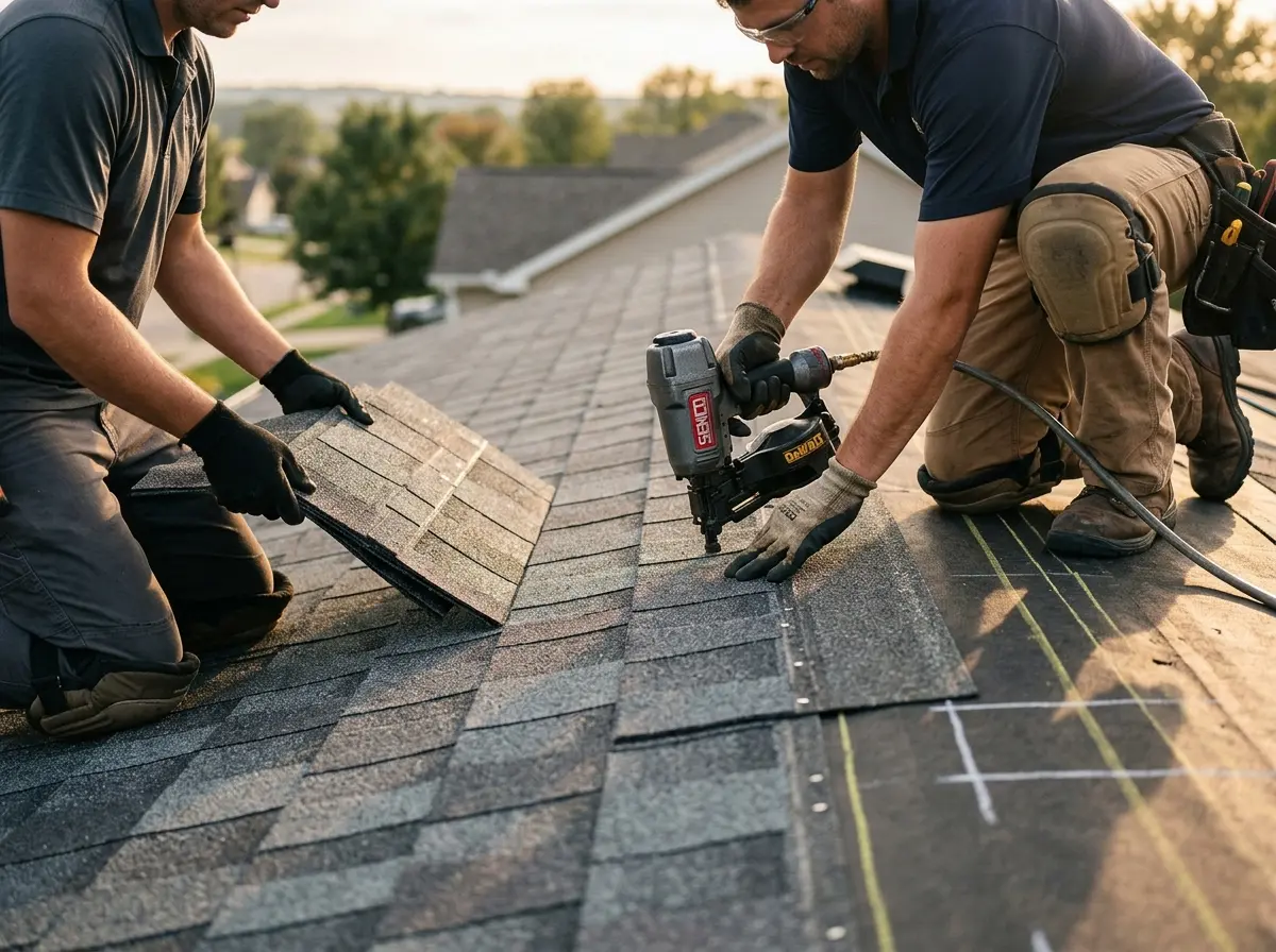 Professional roofer working on a residential roof in New Carrollton